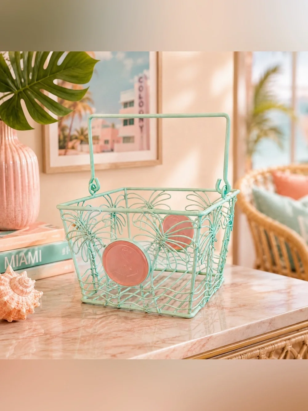 Vintage Mint Green Palm Tree Wire Basket Pink Flamingo Glass Retro Boho Decor